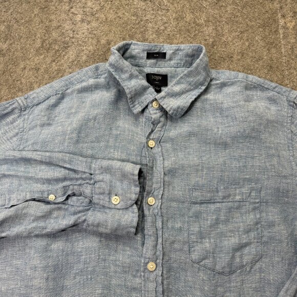J.Crew Linen Button Up Shirt Men L Blue Solid Long Sleeve Slim Fit 46" - Picture 1 of 13